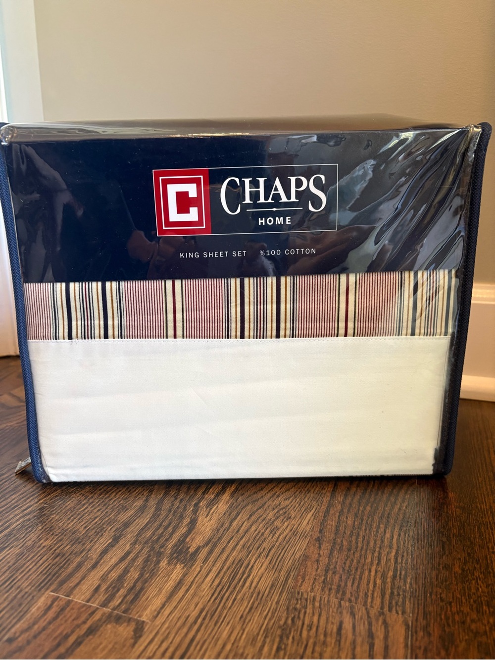 Chaps Home Leighton Striped King Sheet Set Deep Red Navy 100%